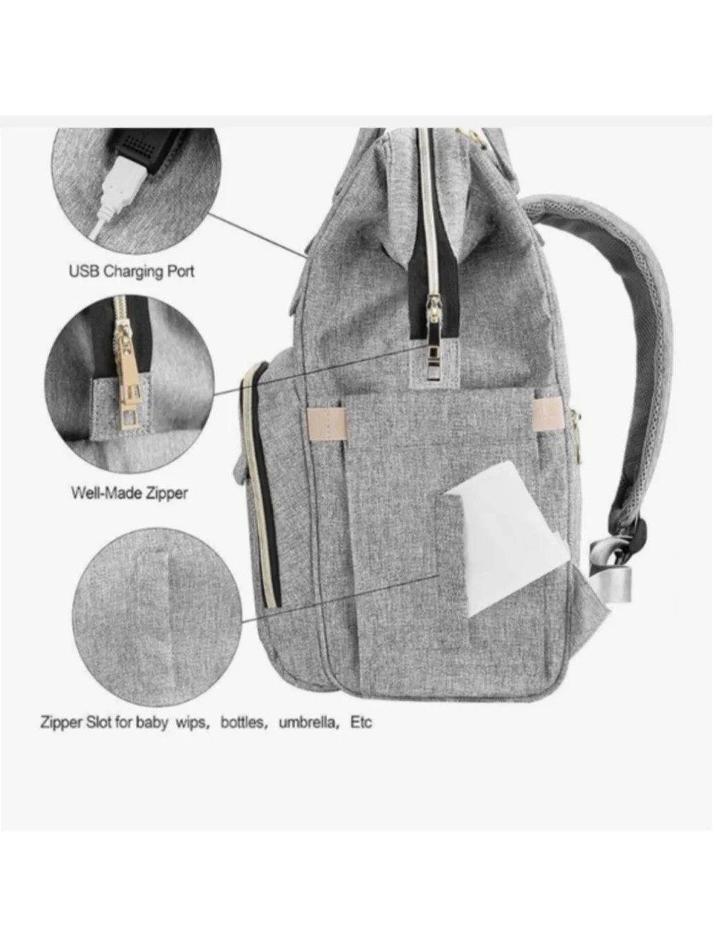 Mokaloo Diaper Backpack / Stroller Strap / USB Port Gray Travel Carry On
